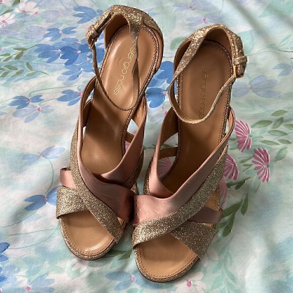 Sergio Rossi Scarpe Donna Rose Ribbon and Gold Glitter Heels - Picture 4 of 17